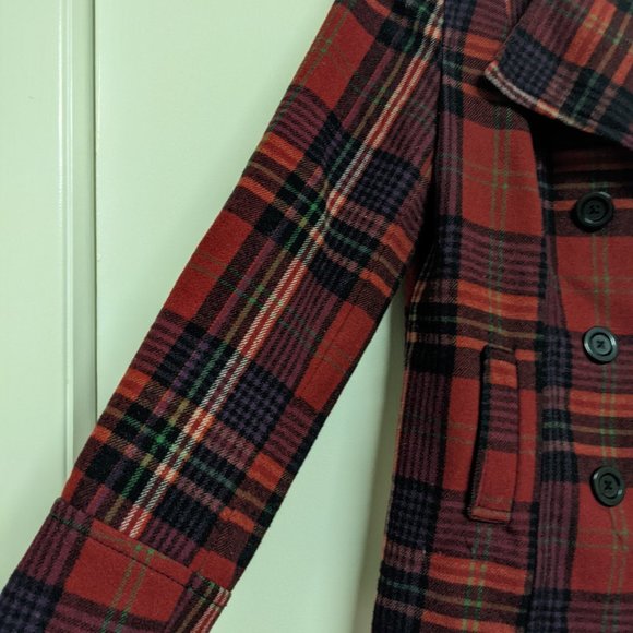 Old Navy Peacoat Jacket Double Breasted Plaid Red Buffalo Check Wool - Picture 9 of 10